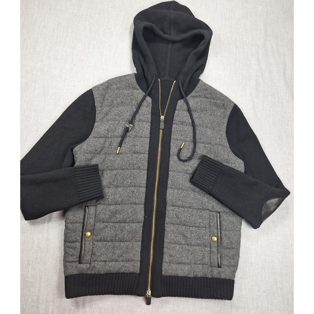 Coach Mens Wool Quilted Mixed Media Hoodie Jacket Leather Elbow Patches Grey L